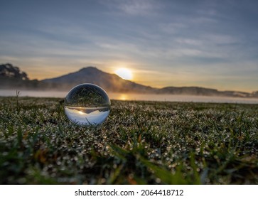 Morning on the grass has dew and a transparent glass ball