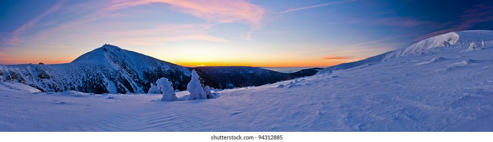 Morning Panorama Of Krkonose Mountains With Snezka, National Park At Dawn In Winter