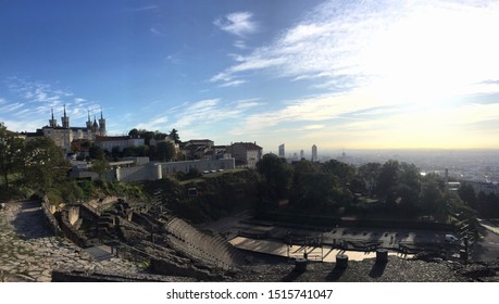 Morning Panoramic Picture Of Lyon With Notre Dame De Fourvière, A Roman Theatre And Lyon In The Background. 