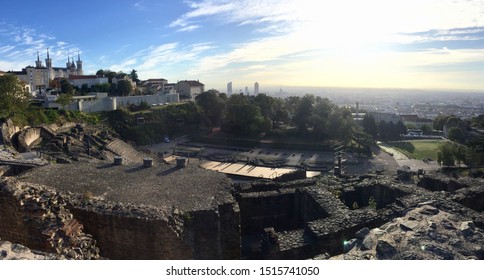 Morning Panoramic Picture Of Lyon With Notre Dame De Fourvière, A Roman Theatre And Lyon In The Background. 