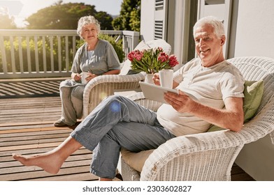 Morning, patio and portrait of senior couple with coffee enjoying bonding, quality time and relax on deck. Love, retirement and elderly man and woman smile with drink for breakfast outdoors at home - Powered by Shutterstock