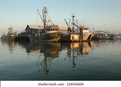Morning Reflection, Steveston Harbor. Dawn in Steveston, British Columbia, Canada. Commercial fishboats are at the dock on this misty morning.