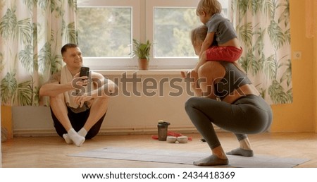Morning rituals of loving family. Dad, mom and little child. Shared activity aims to instill love for sports and physical activity within the family. Cherished memories in childhood and parenthood.