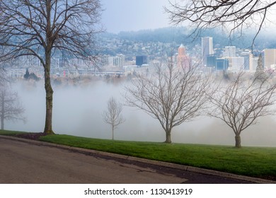 Morning Rolling Fog Over The City Of Portland Oregon At The Park In Winter