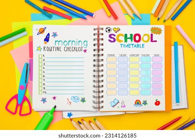 Morning Routine Checklist, School timetable. Top view flat lay concept. Lettering written in a scrapbook, colored paper, multi-coloured letters, supplies for school. - Powered by Shutterstock