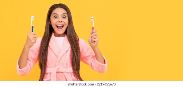 Morning Routine. Kid Wear Soft Night Suit. Child In Cozy Sleepwear Brush Teeth. Banner Of Child Girl With Teeth Brush, Studio Portrait, Header With Copy Space.