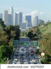 Morning Rush Hour Traffic On Pasadena Freeway Into Downtown Los Angeles, California