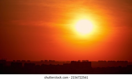 Morning Sky At Dawn With A Large Sun Rising Over The City, Sunrise, Timelapse