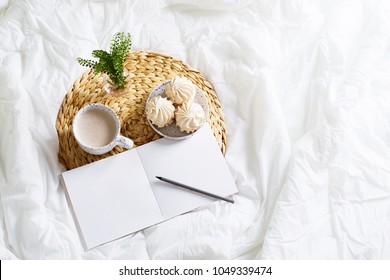 Morning Still Life With Cup Of Coffe, Tulips And Sketch Book. Top View