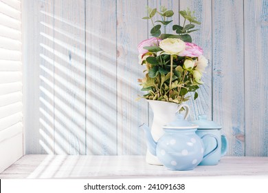 Morning still life on shabby chic table and  light from the blinds - Powered by Shutterstock