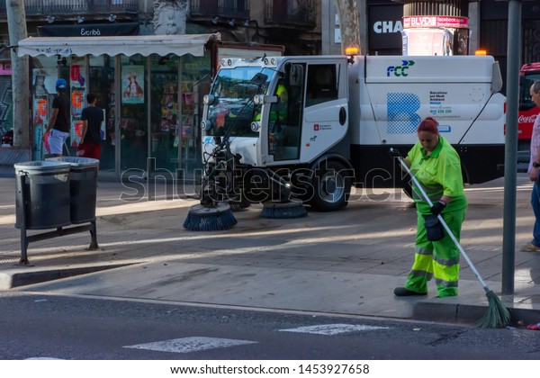 Morning street\
cleaning. Cleaning a street. La Rambla, Barcelona, Catalonia,\
Spain, Europe. June 26\
2019