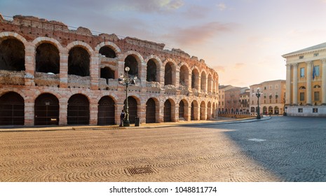 Morning in the streets of Verona near the Coliseum Arena di Verona. Italy.