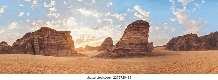 Morning sun shines over rocky desert formations, typical landscape in Al Ula, Saudi Arabia. High resolution panorama - Shutterstock ID 2273720481