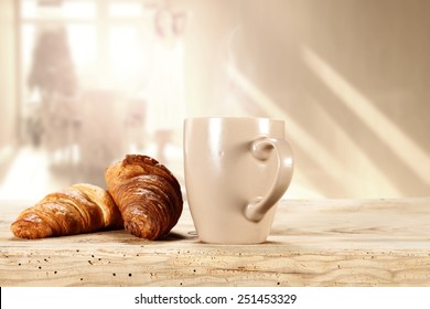 Morning Sun In Window And Coffee Mug With Croissants 