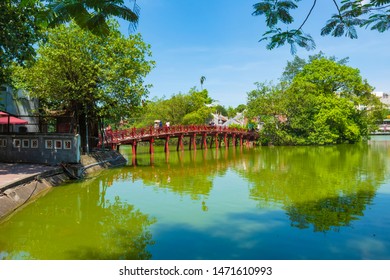 Morning Sunlight Bridge on Hoan Kiem lake, Hanoi Old Quarter, Vietnam