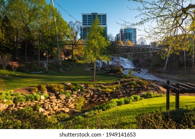 Morning sunlight at Falls Park on the Reedy River in downtown Greenville, South Carolina.