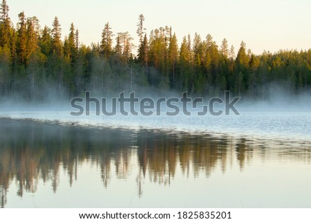 Morning sunrise with fog by the lake in northern taiga forest in Northern Finland, Europe