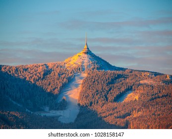 Morning sunrise at Jested Mountain and Jested Ski Resort. Winter time mood. Liberec, Czech Republic.