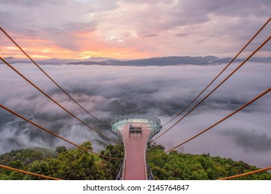 Morning Sunrise over fog mist from top view of Skywalk Ai yerweng Betong, Yala Province, Thailand