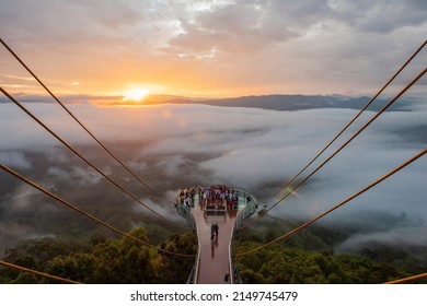 Morning Sunrise over fog mist from top view of Skywalk Ai yerweng Betong, Yala Province, Thailand