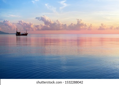 Morning Sunrise Pink Sky, Blue Sea, White Clouds, Ship Silhouette, Scenery Landscape, Soft Color Sunset On Ocean Coast, Beautiful Seascape, Boat And Sun Reflection On Water, Thailand, Koh Samui Island