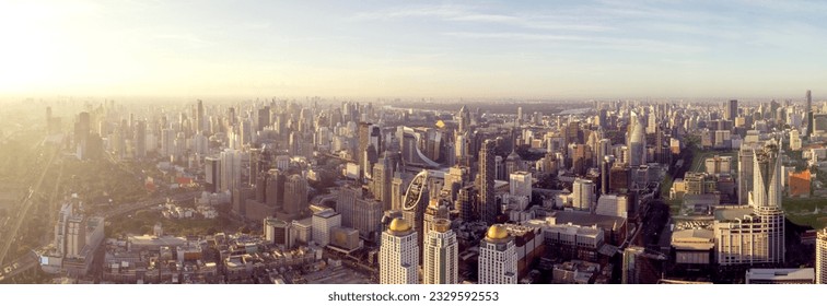 Morning sunrise view of Bangkok city in ratchaprasong area from window of Baiyok hotel room, Bangkok city, Thailand