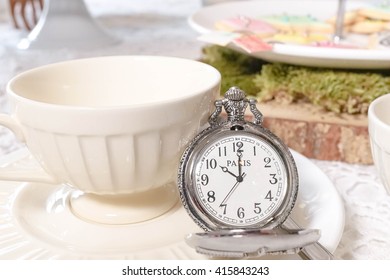 Morning Tea Party. Selective Focus On Pocket Watch. British High Tea And Alice's Mad Tea Party's Concept.