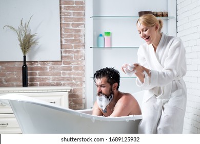 Morning Treatments. Romantic Couple Enjoying. Relaxing Time. Skincare In Home Bathroom. Family Morning. Everyday Life. Couple In Love Grooming In Morning