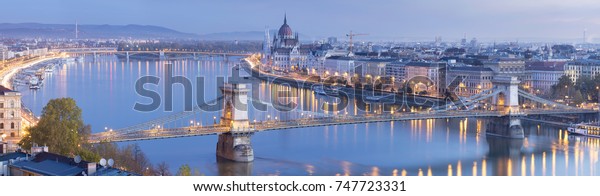 morning twilight\
panorama in Budapest with\
light