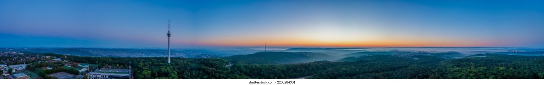 Morning Twilight Panorama Of Stuttgart, Germany, Stuttgart Skyline, Aerial Photo View With Tv Tower, Town Architecture, Foggy Travel Photo, Banner