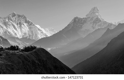 Morning view of the  Ama Dablam (6814 m) - Nepal, Himalayas (black and white)