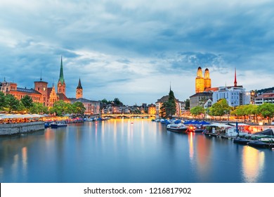 Morning view of historic Zurich city center with famous Fraumunster and Grossmunster Churches and river Limmat at Lake Zurich on a sunny day with clouds in summer, Canton of Zurich, Switzerland