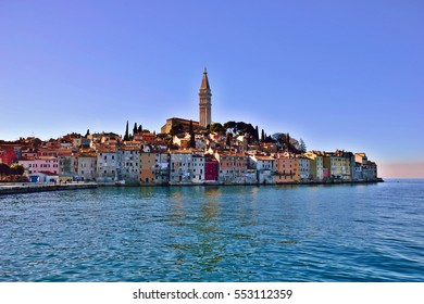 Morning View Of Old Medieval, Romantic Town Of Rovinj, Croatia During Winter Sunrise, Istria