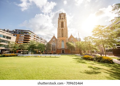 Morning view on the famous saint Laurens church in Rotterdam city