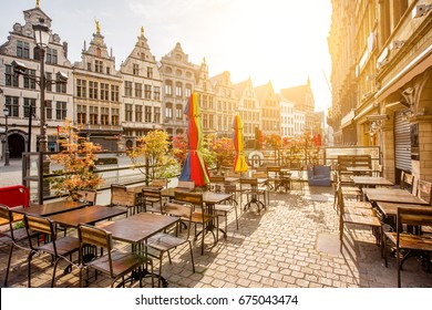 Morning view on the Grote Markt with cafe terrace in the center of Antwerpen city, Belgium