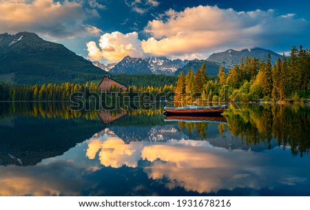 Morning view on High Tatras mountains - National park and Strbske pleso  (Strbske lake) mountains in Slovakia Stock foto © 