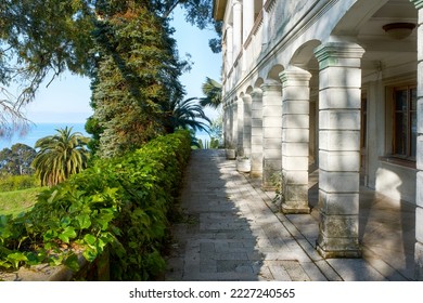 Morning view from the territory of Stalin's dacha to the sea. Perspective on the sea from the building with columns. New Athos, Abkhazia.