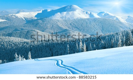 Similar – Wintergebirgslandschaft mit Schneezaun in der Sierra Nevada