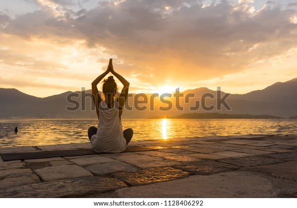 Morning Yoga Beach Girl Doing Yoga Stock Photo (Edit Now) 1128406292
