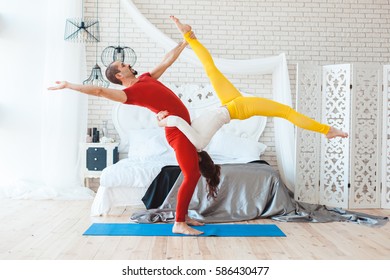 Morning Yoga Gymnastics Family, At Home In The Bedroom After Bedtime.