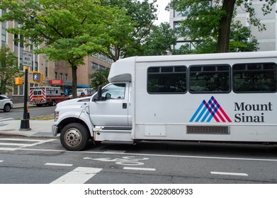 Morningside Heights, New York, NY, USA - August 19, 2021: Mount Sinai Medical Transport Bus Parked Near Hospital On Amsterdam Ave