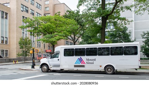 Morningside Heights, New York, NY, USA - August 19, 2021: Mount Sinai Medical Transport Bus Parked Near Hospital On Amsterdam Ave