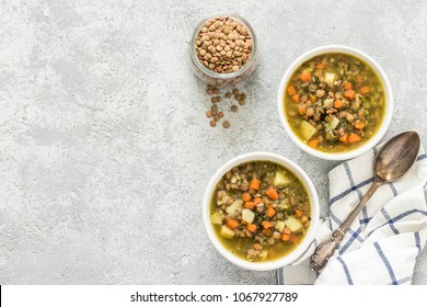 Moroccan Carrot Lentil Spinach Soup. Top View, Space For Text. 