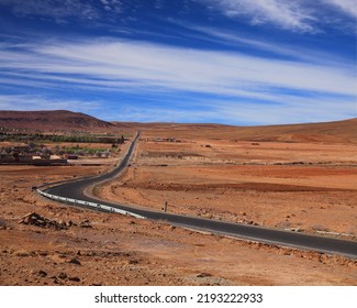 Moroccan Desert Road In Ouarzazate Province. Road Curve.