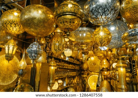 Moroccan lantern and lamp in the market at Marrakech medina, Morocco