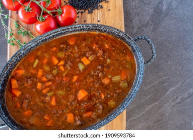 Moroccan Lentil Soup In A Pot From Above With Copy Space