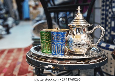 Moroccan mint tea set with silver teapot and colorful glasses on tray