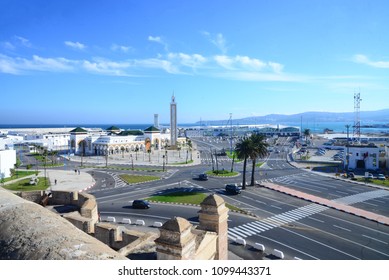 Moroccan mosque with the banner of Morocco. Islamic mosque for prayer. Port of Tangier
 - Shutterstock ID 1099443371