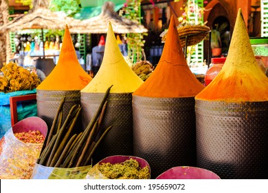 Moroccan Spice Stall In Marrakech Market, Morocco