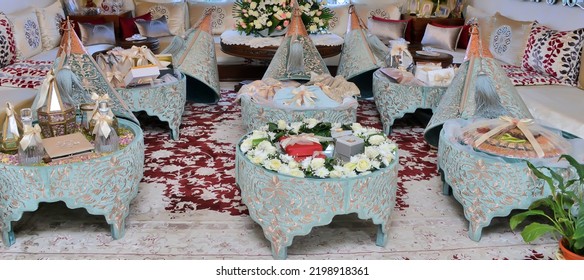 Moroccan Tyafer, traditional gift containers for the wedding ceremony, decorated with ornate golden embroidery.Moroccan henna .Moroccan wedding gifts - Shutterstock ID 2198918361